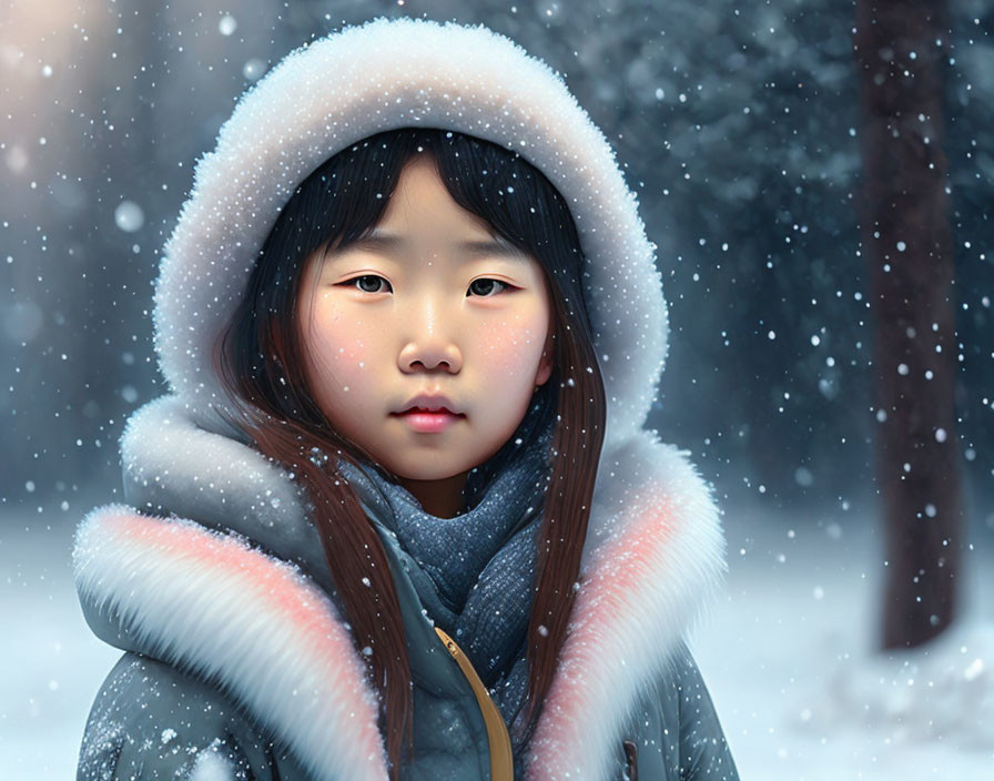 Young girl with black hair in fur-lined hood standing in falling snow with wintry forest backdrop