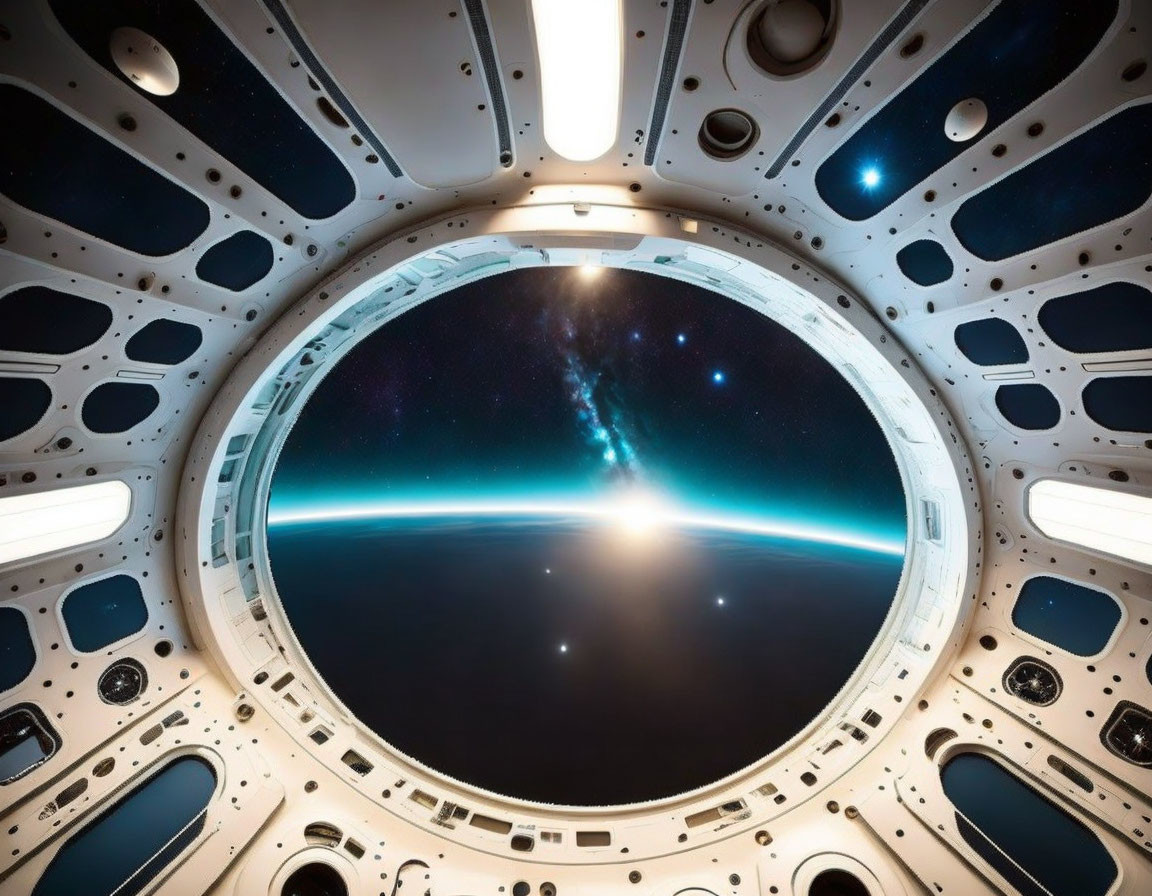 Spacecraft interior view of Earth's curvature and starry space