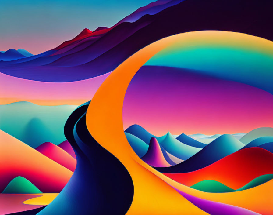 Surreal digital art: Curving landscape with rolling hills in vibrant colors