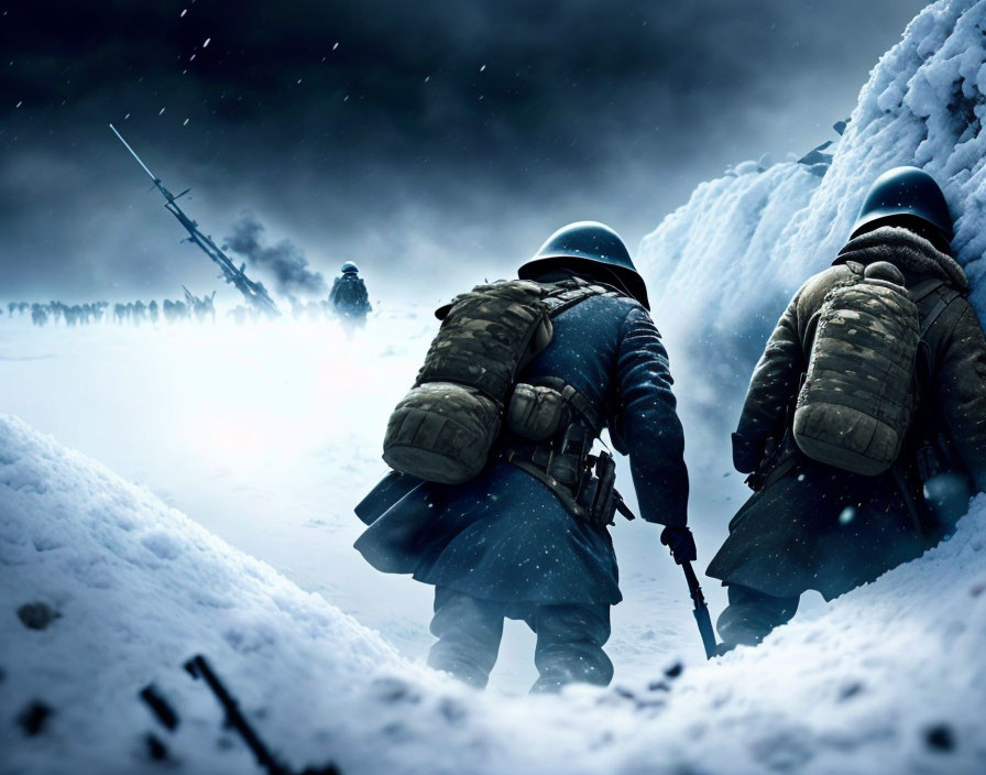 Military soldiers in winter gear navigating heavy snow with rifles in a desolate snowy terrain.