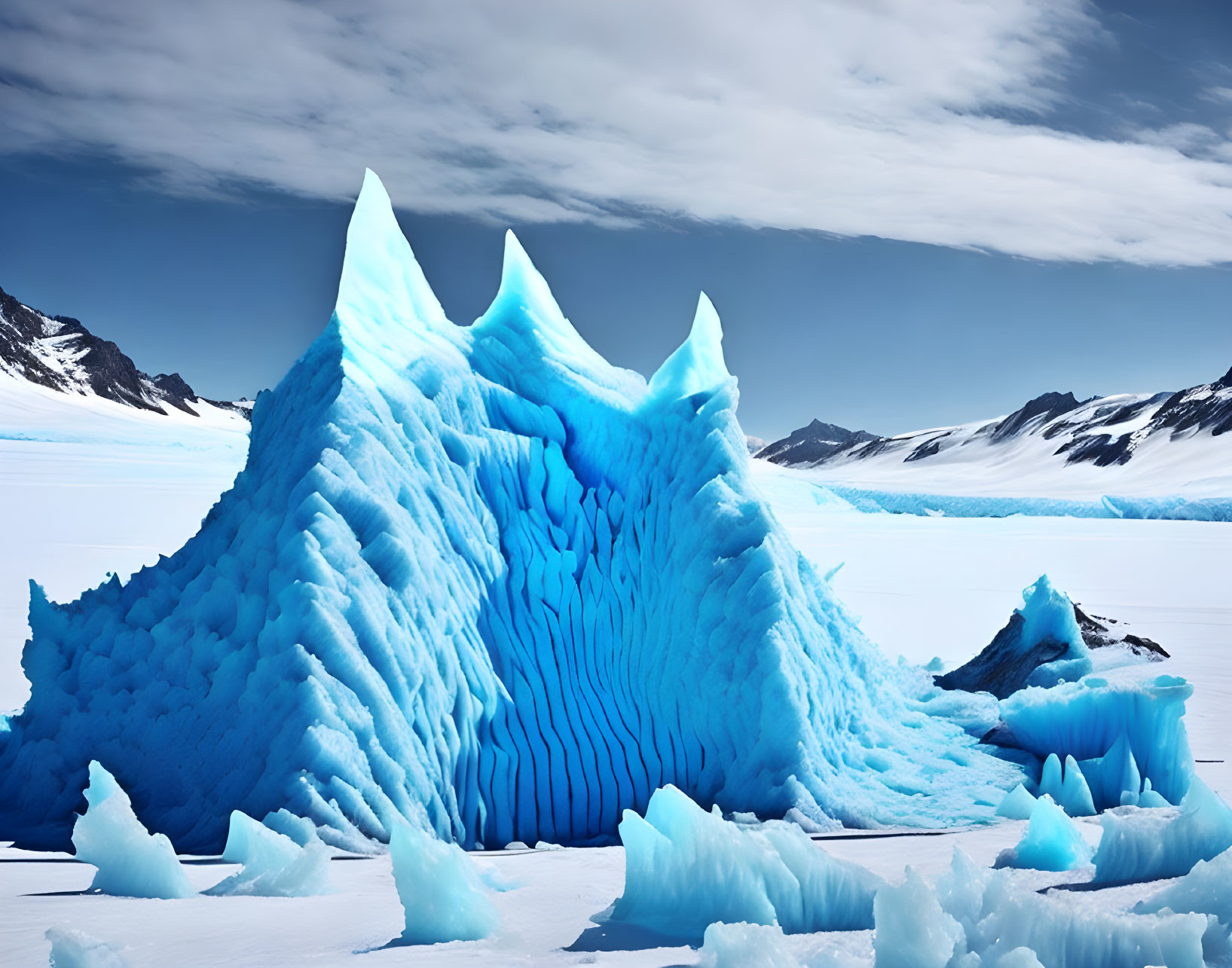 Blue iceberg with sharp peaks in snowy mountain backdrop