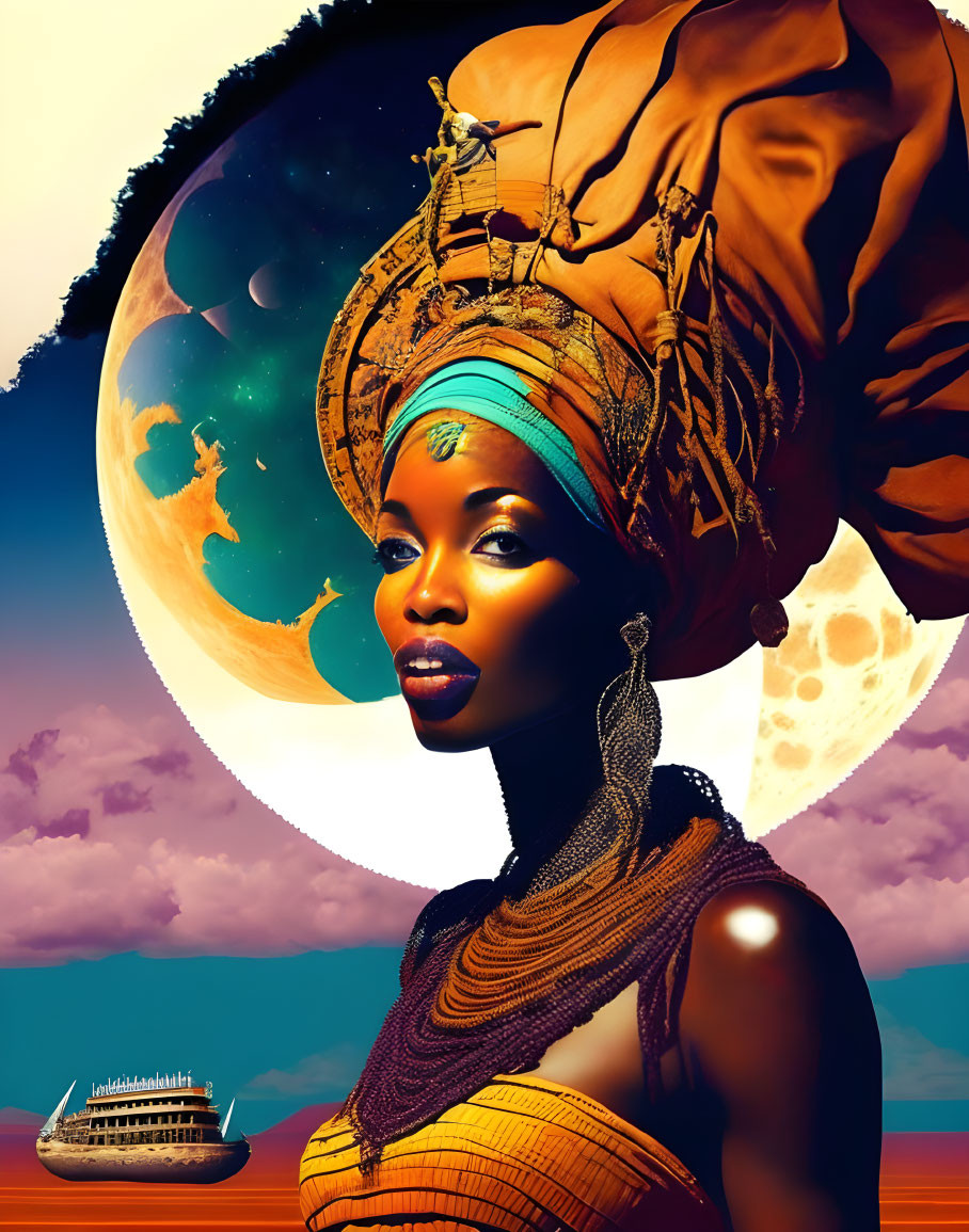 Portrait of woman with ornate headwrap, earrings, and necklace in surreal setting.