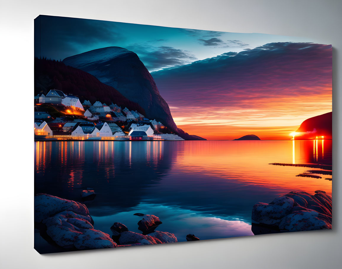 Coastal village canvas print at twilight with illuminated houses and vibrant sky