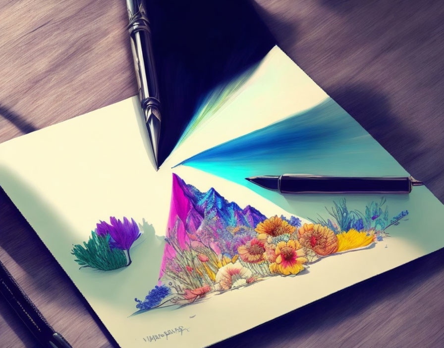 Colorful Mountain Landscape Drawing with Flowers and Fountain Pen