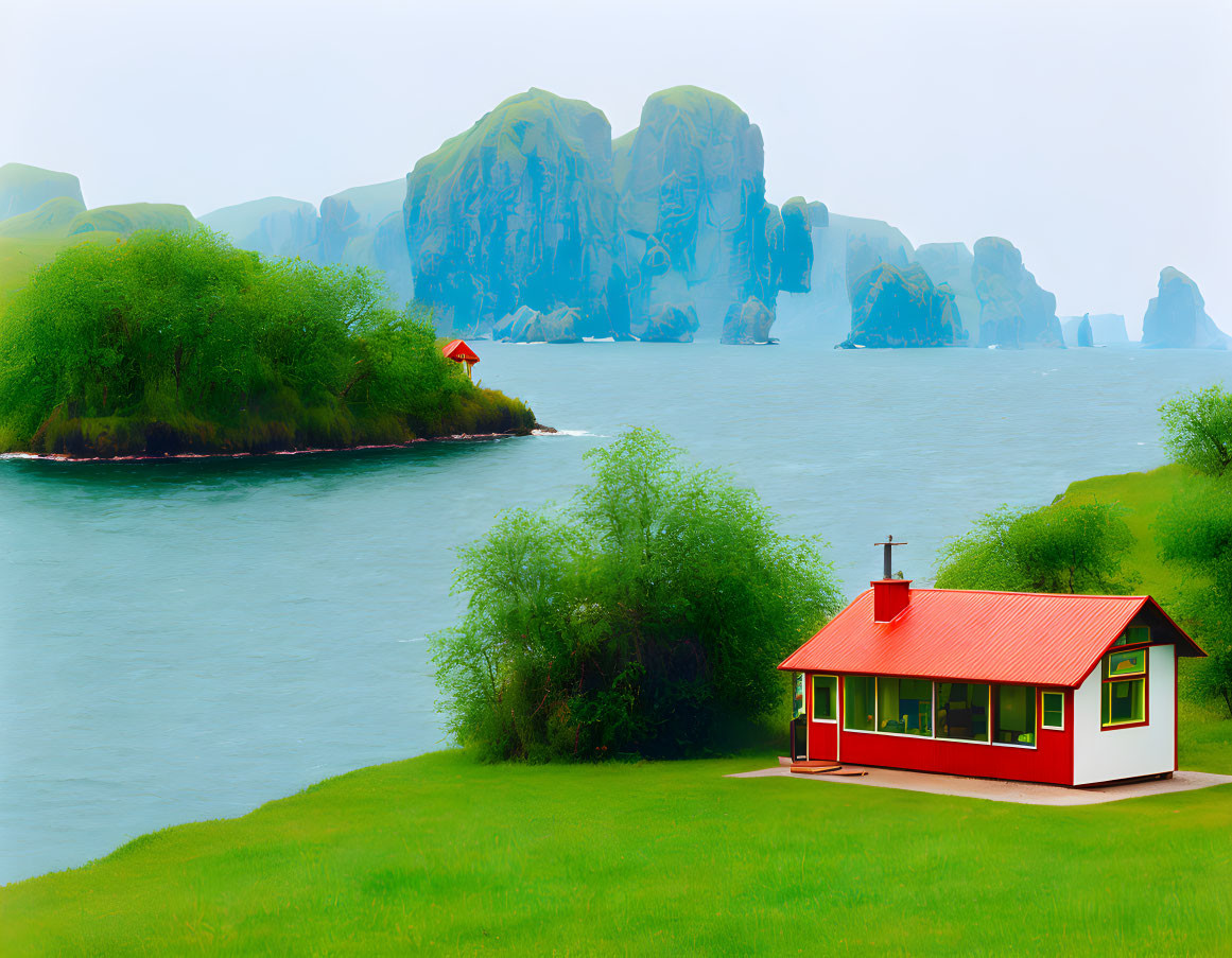 Scenic image of red-roofed house by green riverside with misty rock formations