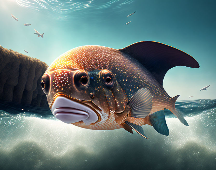 Detailed digital illustration: Large fish with scales and fins underwater, sun rays filtering.