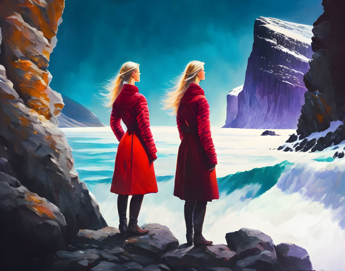 Two People in Red Coats on Rocky Overlook with Icy Landscape