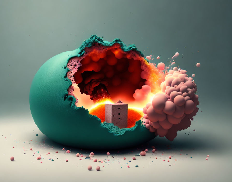 Surreal image of cracked egg with fiery core and tiny house surrounded by clouds