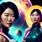 Futuristic female warriors in space suits with celestial backdrop.