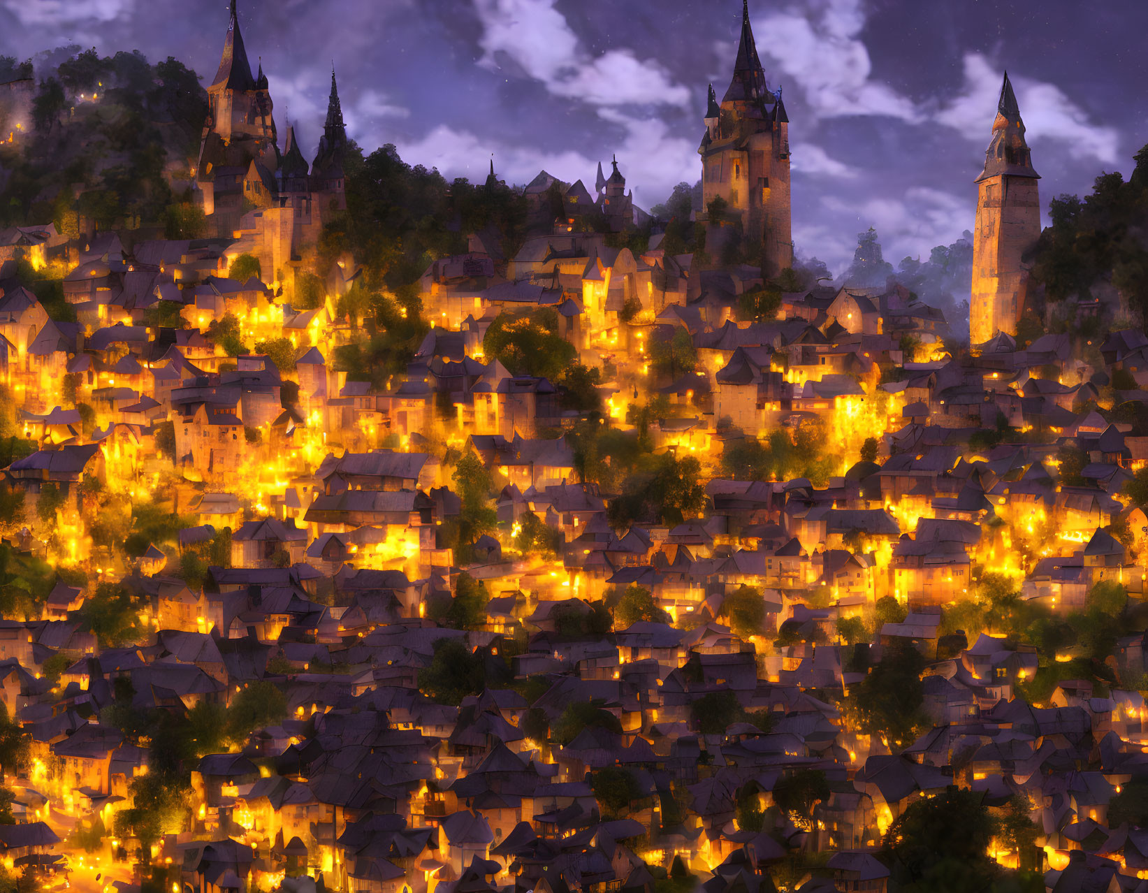 Enchanting village at dusk with glowing lights and majestic spires