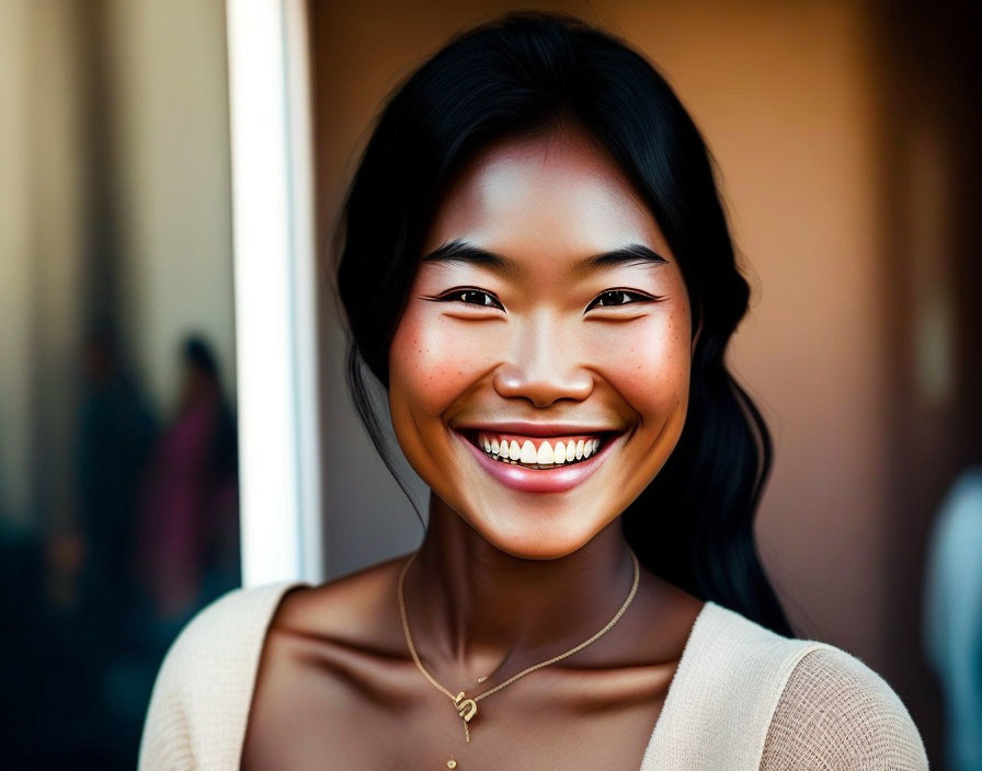 Dark-haired woman with radiant smile and pearly white teeth in warm sunlight