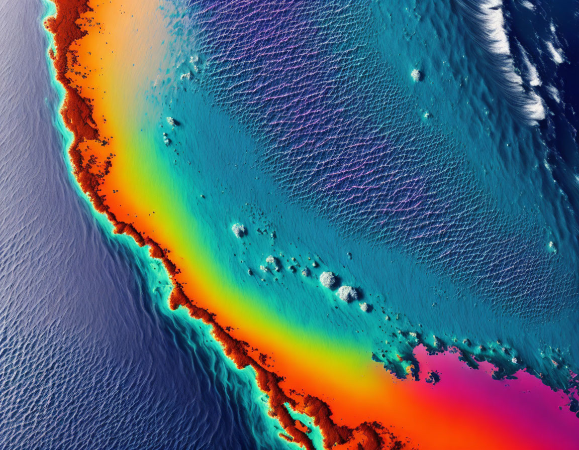 Colorful Satellite Image of Coastal Area with Blue Waters and Fiery Land Tones