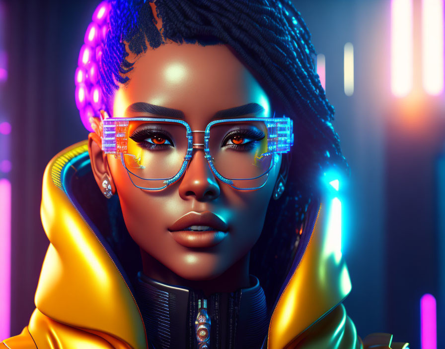 Futuristic portrait of a woman with glowing glasses and braids