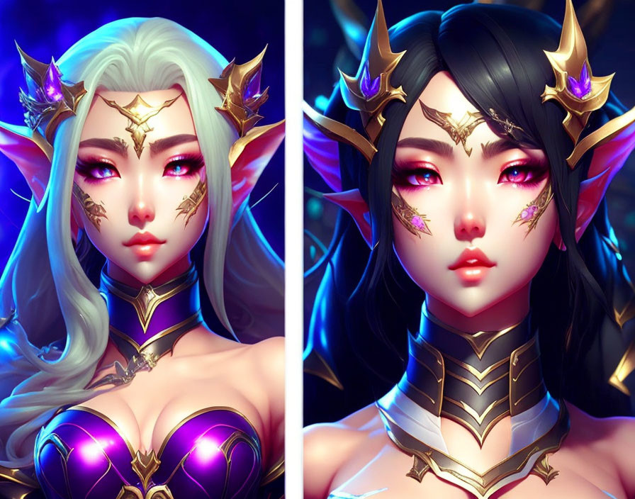 Stylized fantasy characters with pointed ears, golden headpieces, regal attire, and glowing eyes