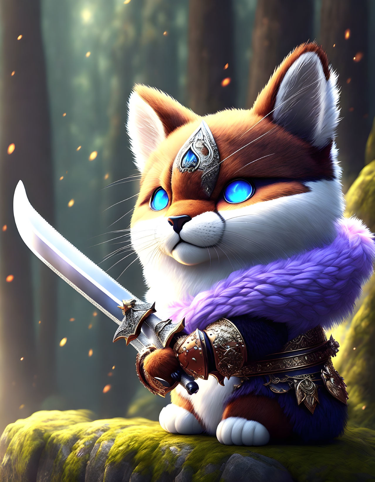 Anthropomorphic cat warrior in armor with glowing blue eyes, wielding a sword in enchanted forest