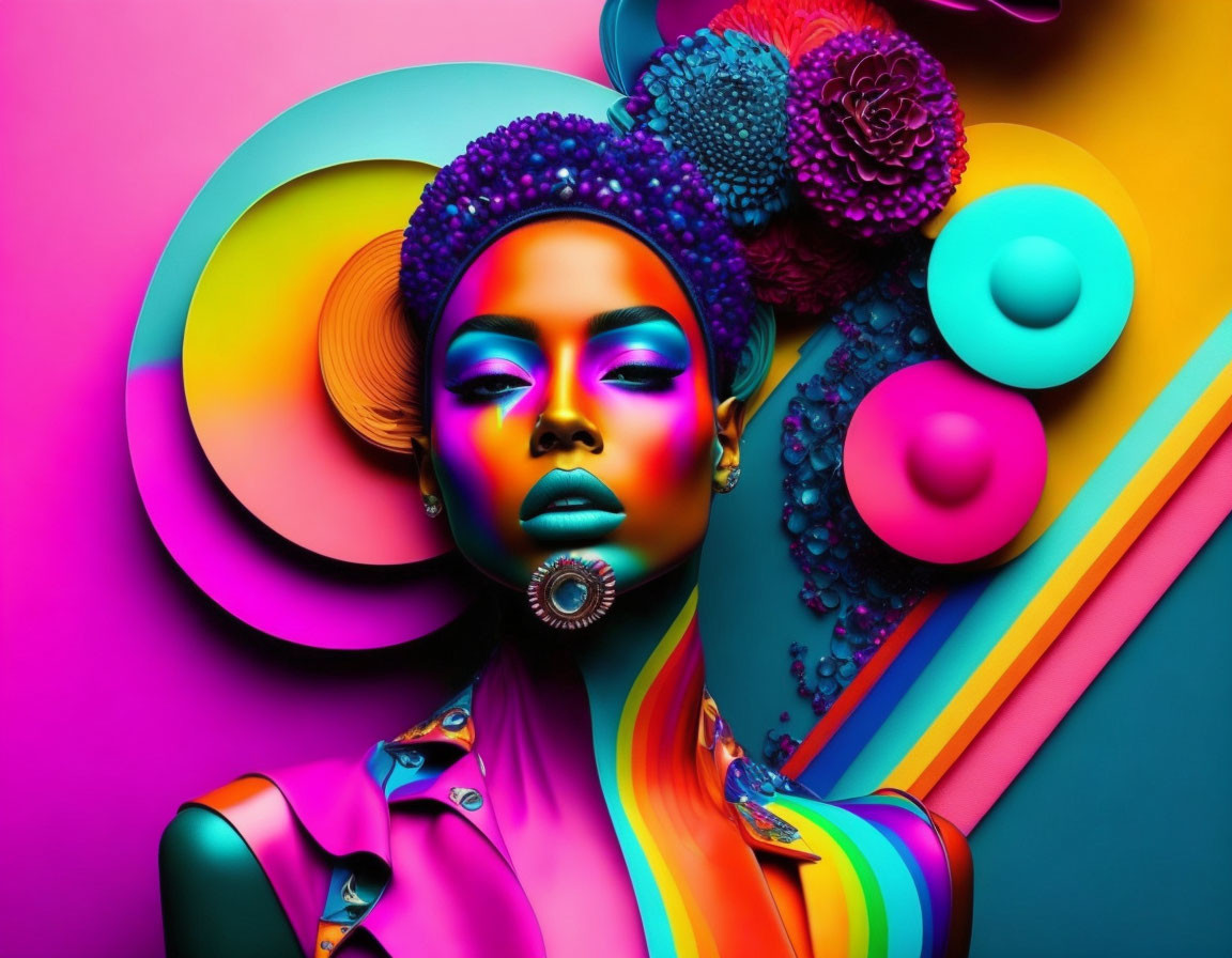 Colorful portrait with artistic makeup and accessories against geometric backdrop