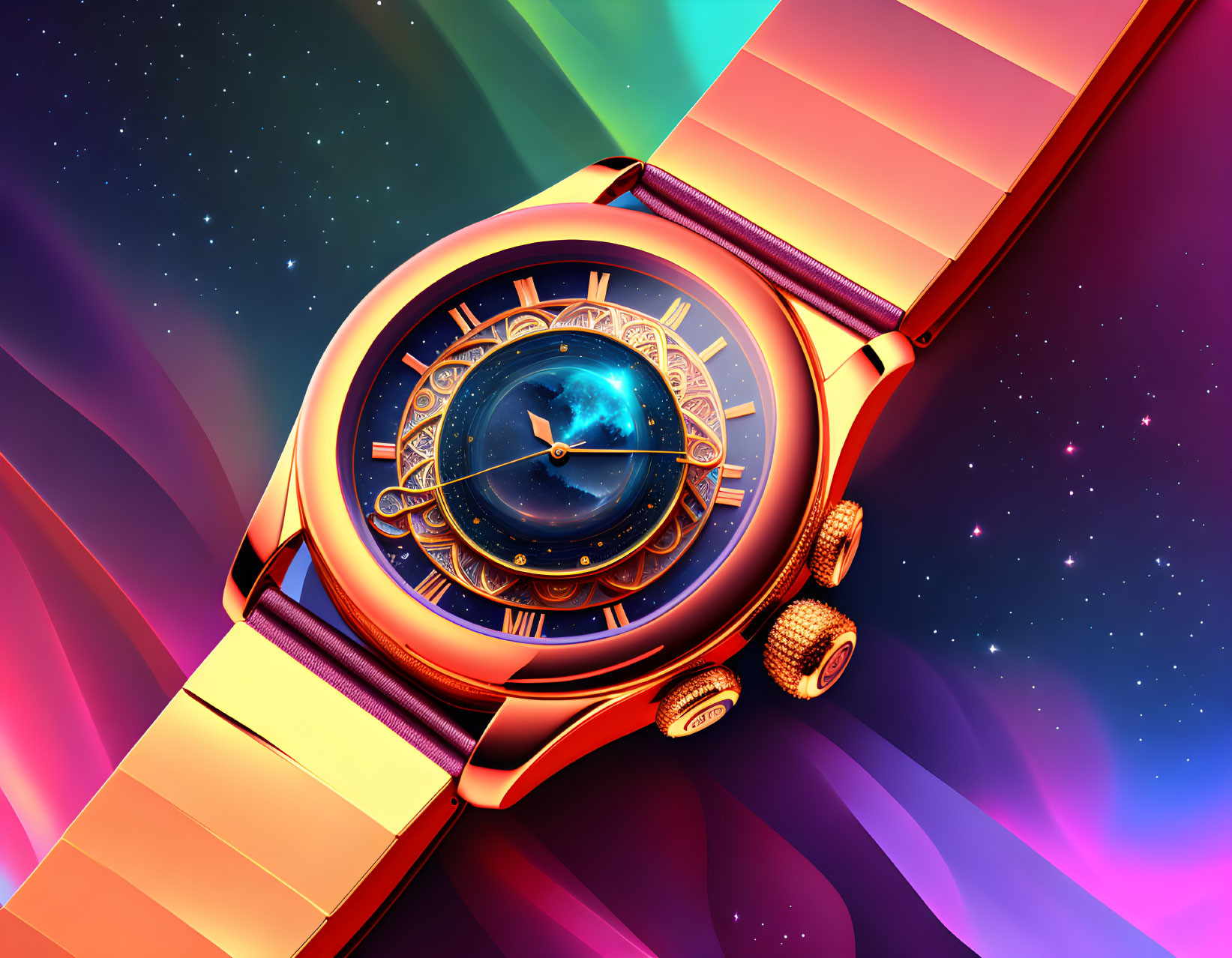 Colorful Astronomical Wristwatch Design Against Cosmic Background