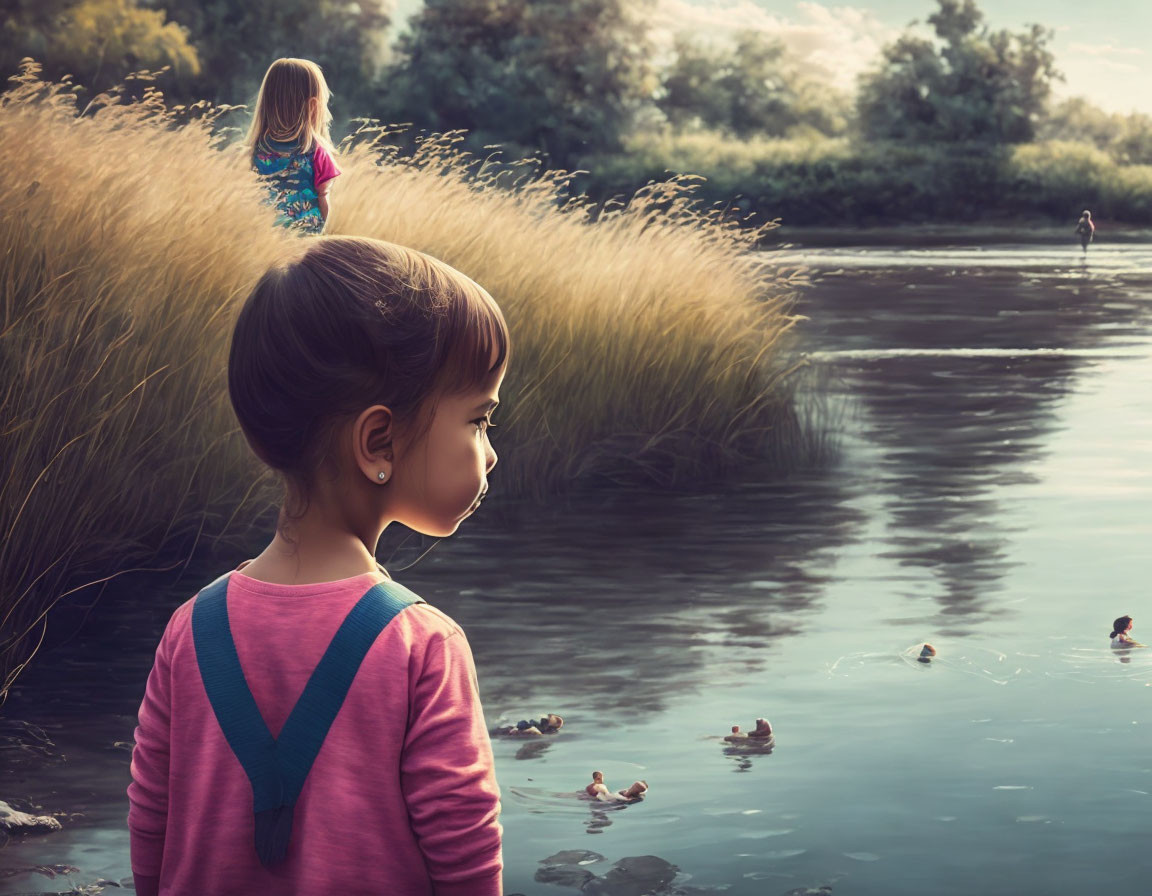 Young girl with short hair by pond, child playing in tall grasses