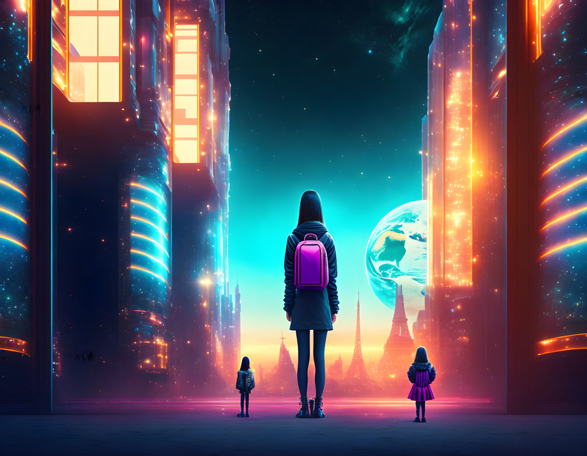 Three people admire futuristic cityscape with large Earth-like planet in the sky