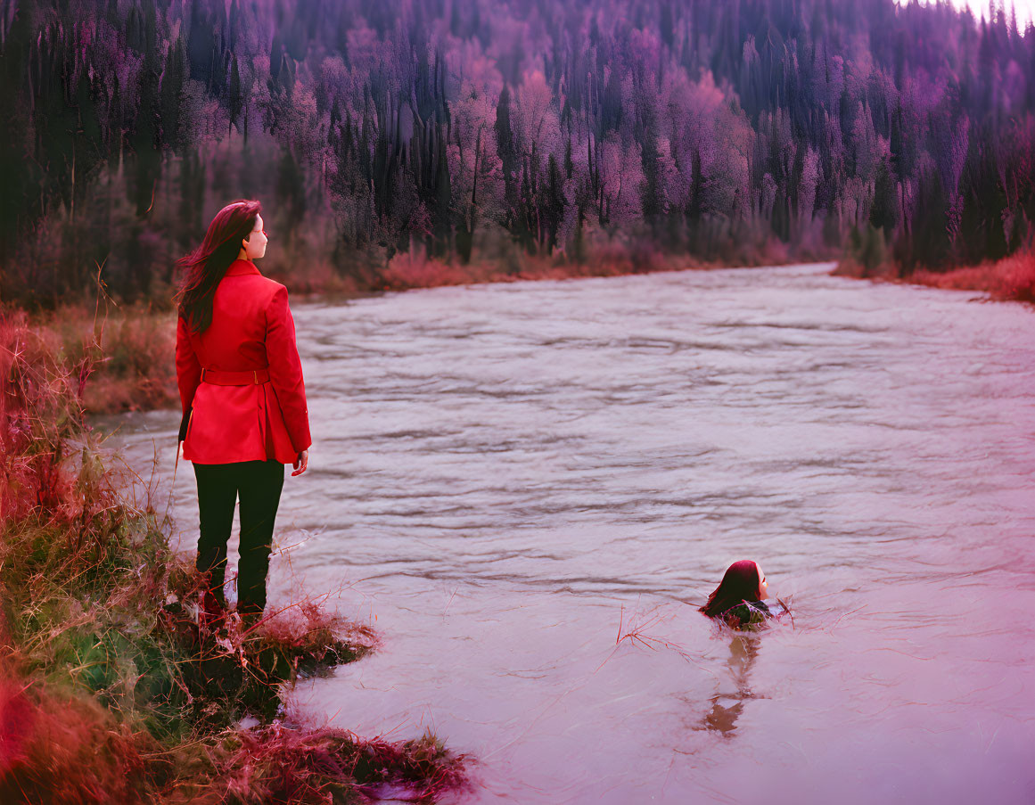 Person in Red Jacket Contemplating Riverbank Amid Pink and Red Forest