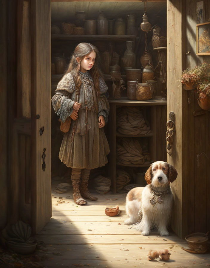 Young girl in historical clothing with pottery shelves, large dog, and small puppy