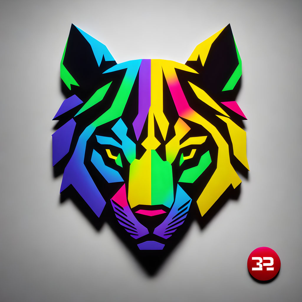 Vibrant geometric tiger head illustration in blue, yellow, pink, and green against grey background