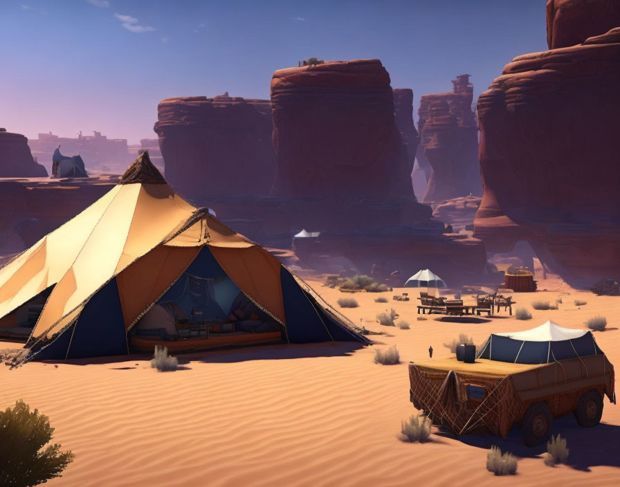 Desert scene with canvas tent, covered wagon, and red rock formations