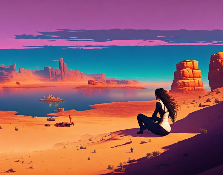 Person sitting on sand dune in surreal purple and orange desert landscape