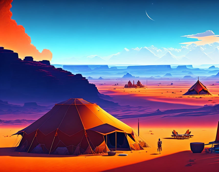 Desert Dusk Scene: Large Tent, Mountains, Crescent Moon