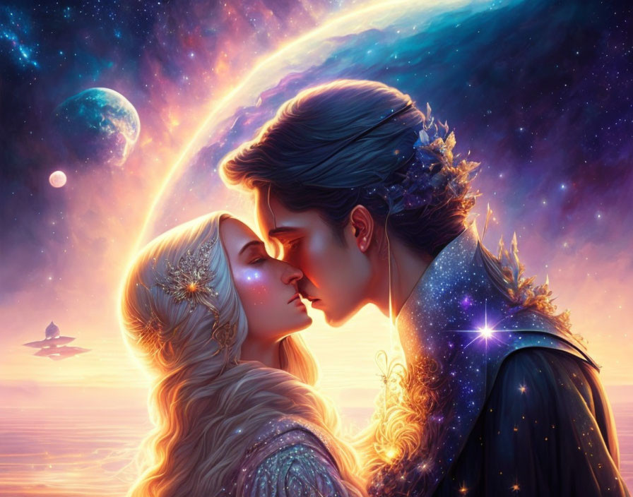 Illustrated couple embracing with cosmic backdrop featuring nebula, stars, planet, spacecraft