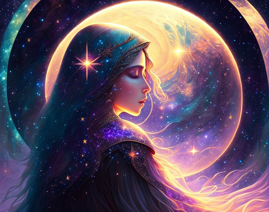 Mystical woman with starry hair in cosmic swirl of nebulas