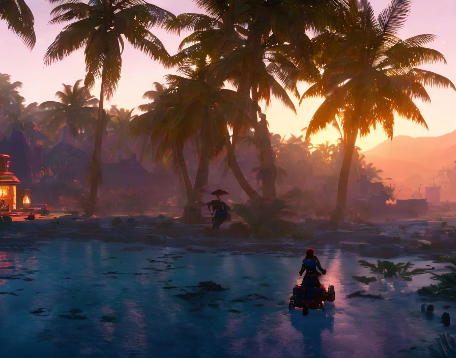 Sunset ATV ride on tropical beach with silhouetted palm trees and tranquil ocean.