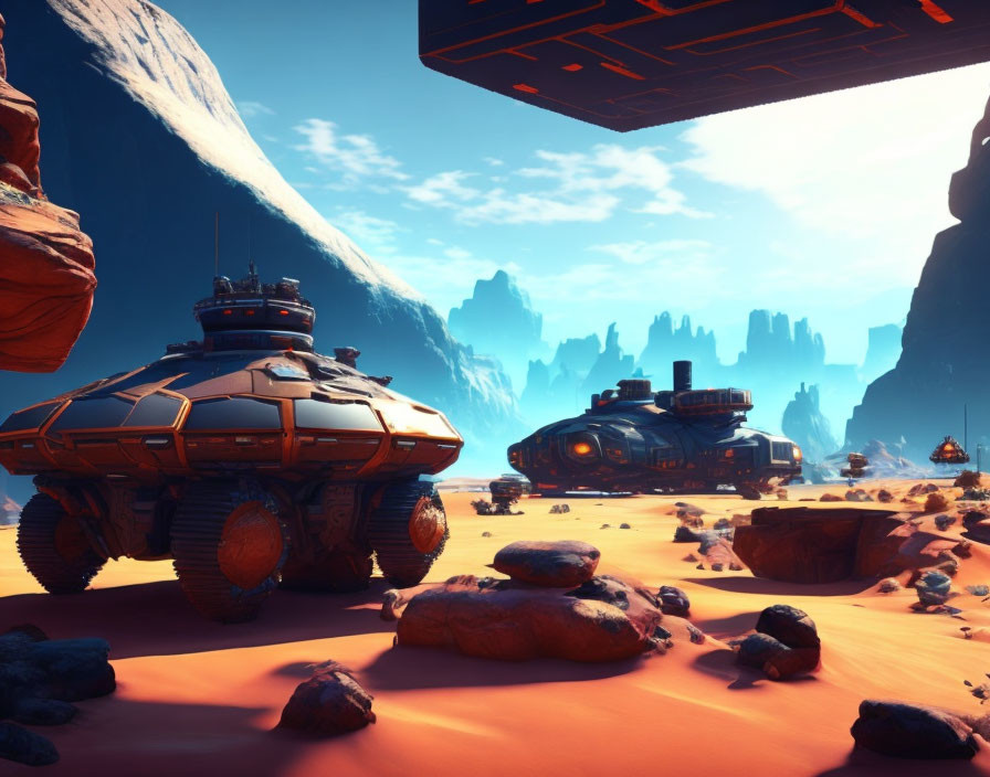 Futuristic desert landscape with advanced vehicles under bright blue sky