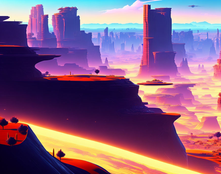 Digital art: Futuristic desert with towering structures, mesas, lava river under purple sky