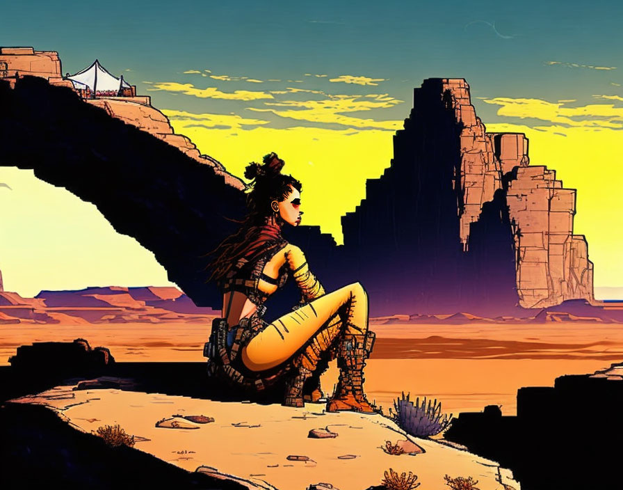 Stylized illustration of woman under desert arch at sunset