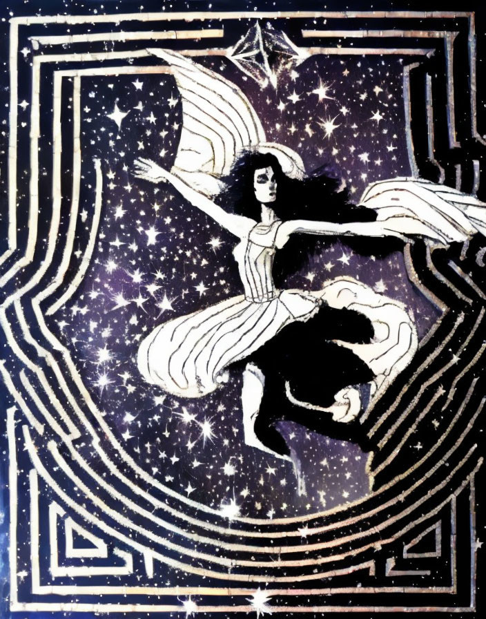 Winged figure in starry labyrinth with celestial and dark blue themes