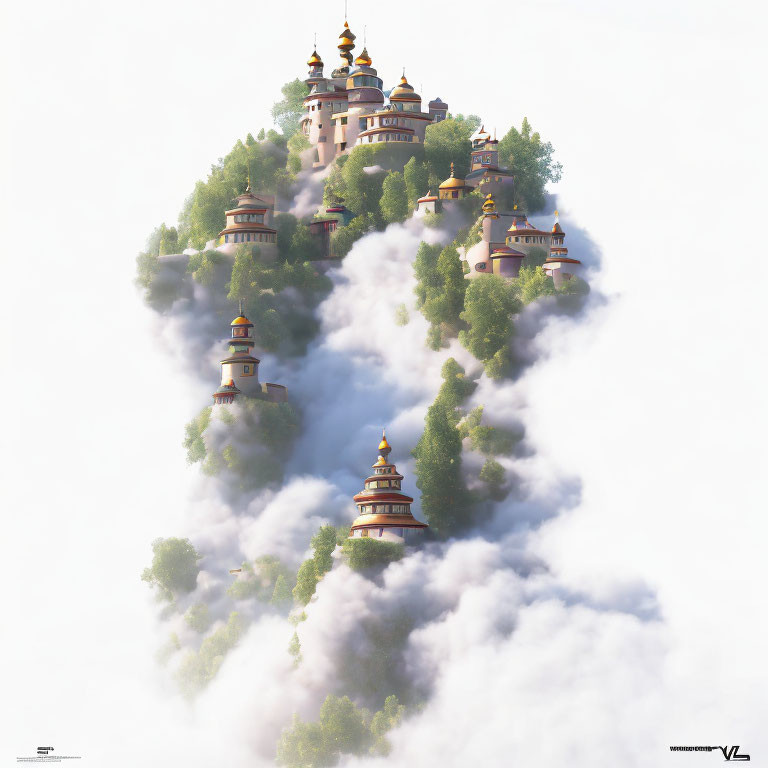 Multiple Asian-style pagodas on cloud-shrouded peaks create mystical floating mountain.