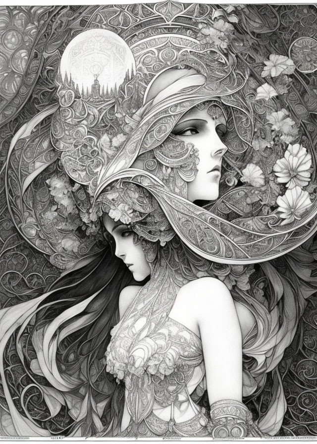 Detailed Monochrome Illustration: Two Women with Elaborate Floral Hair Under Crescent Moon