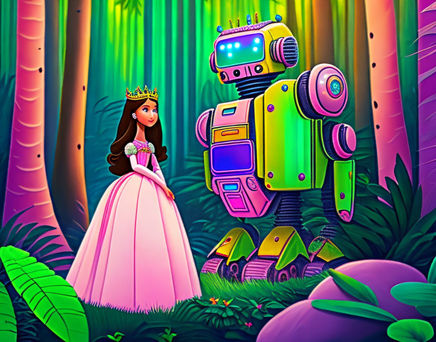 Princess in pink dress and robot in vibrant forest landscape