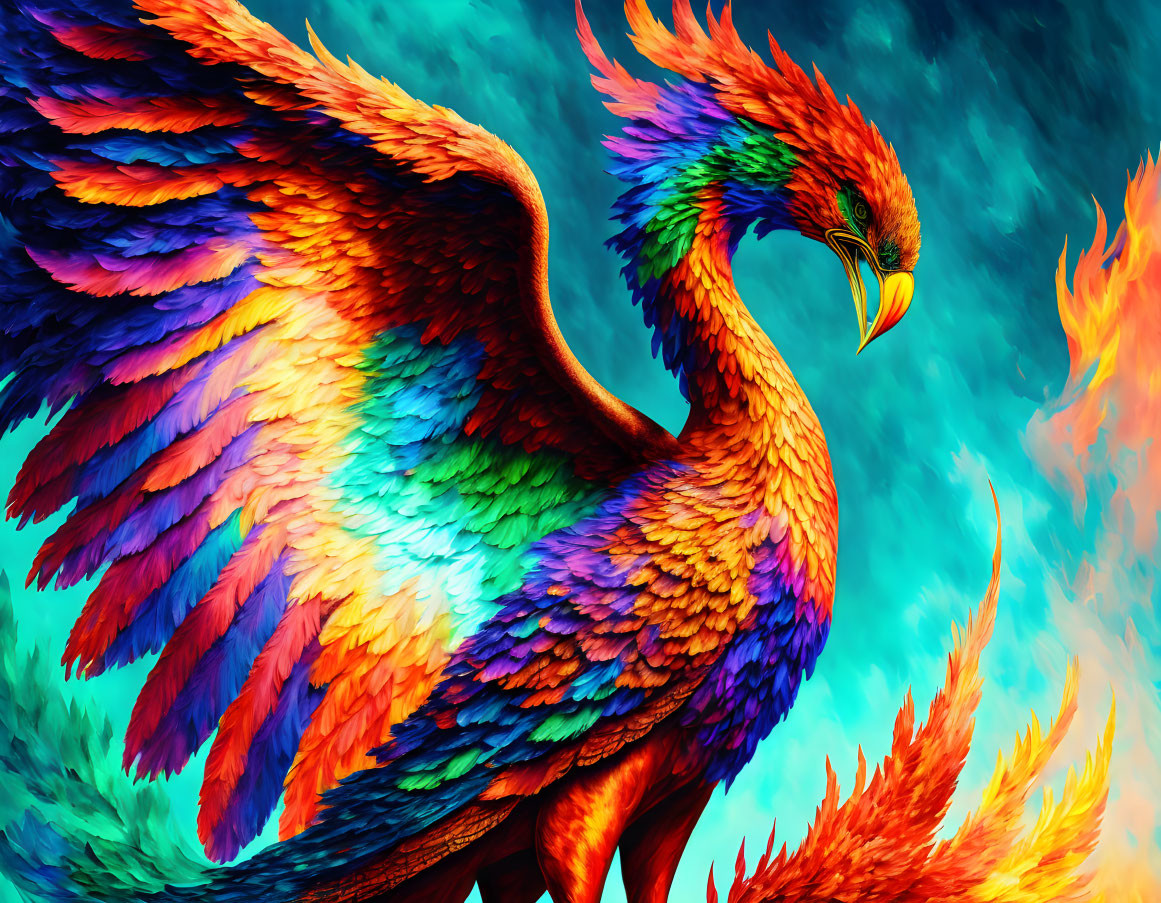 Colorful Phoenix with Fiery Wings on Turquoise Background surrounded by Flames