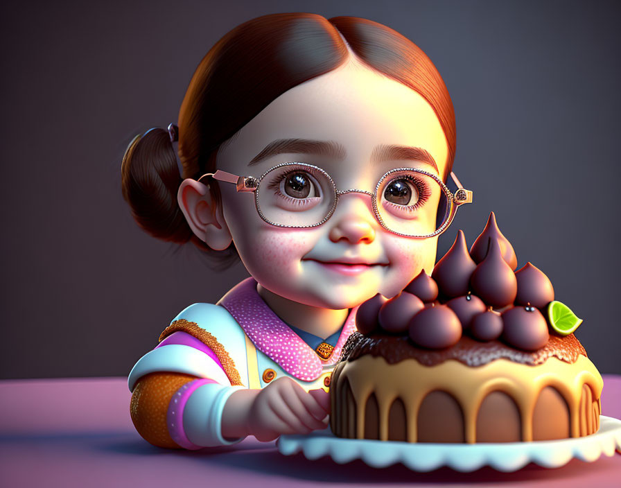 3D-rendered image of girl with pigtails and glasses admiring chocolate cake