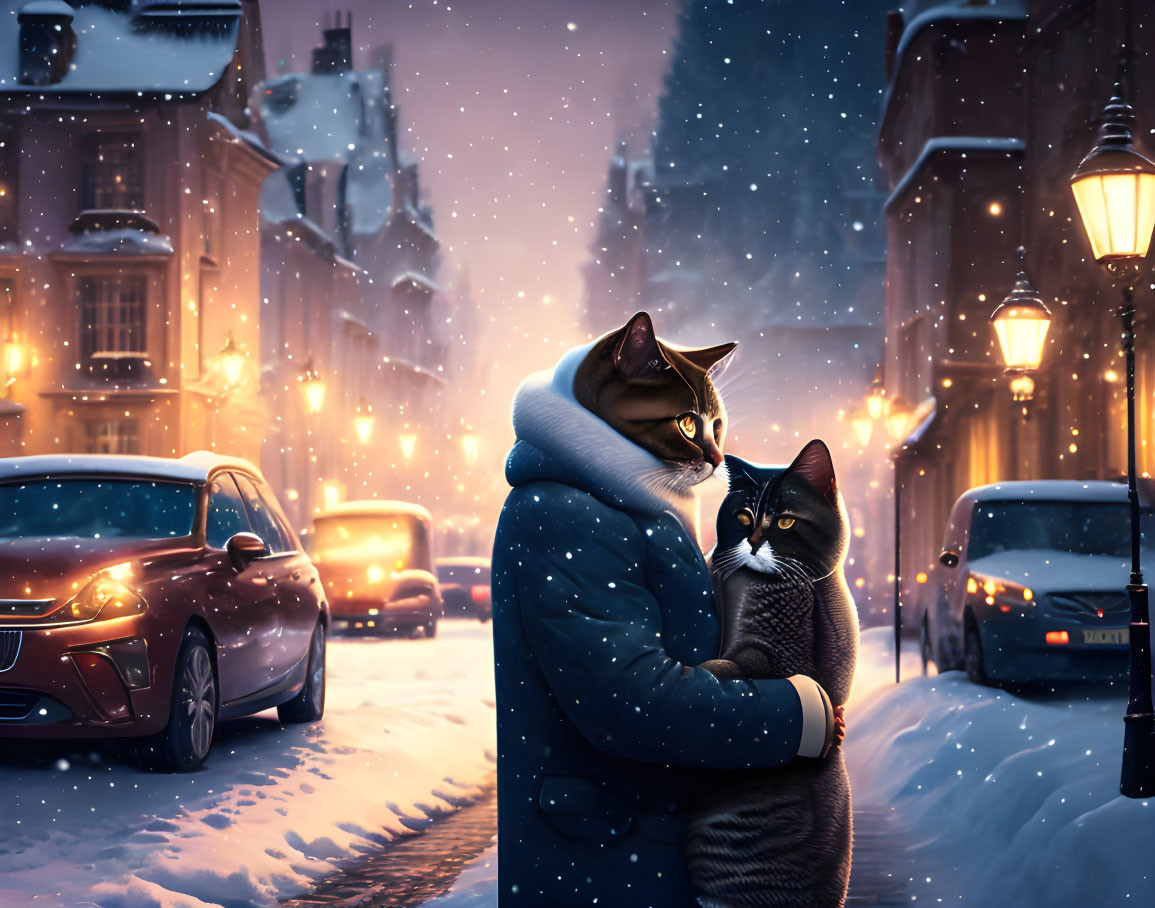 Anthropomorphic Cats Embracing in Snowy City Scene