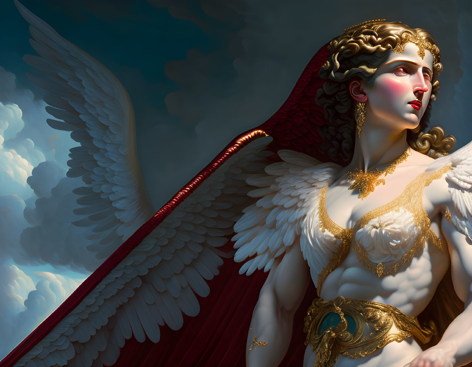 Winged female figure in golden armor and red drapery against cloudy sky