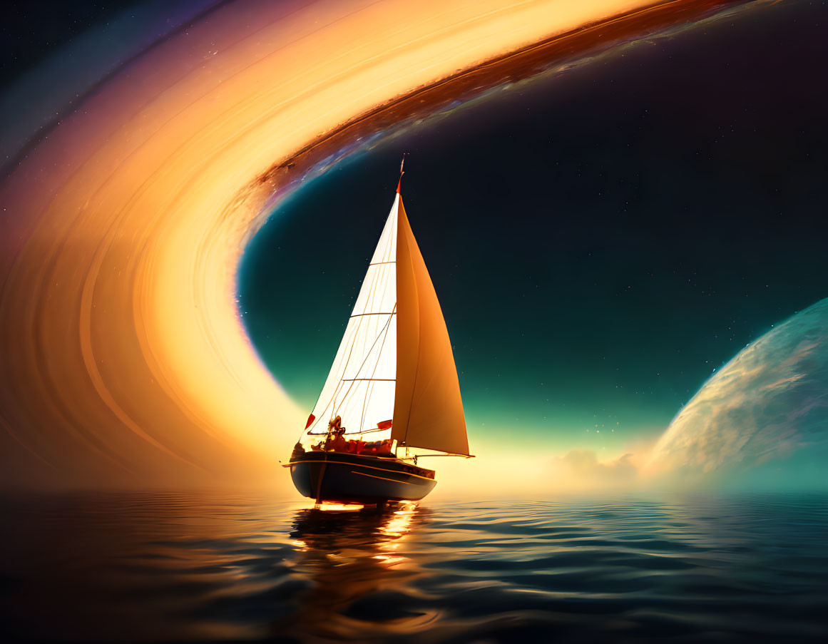 Sailboat on calm waters with surreal galaxy backdrop