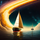 Sailboat on calm waters with surreal galaxy backdrop