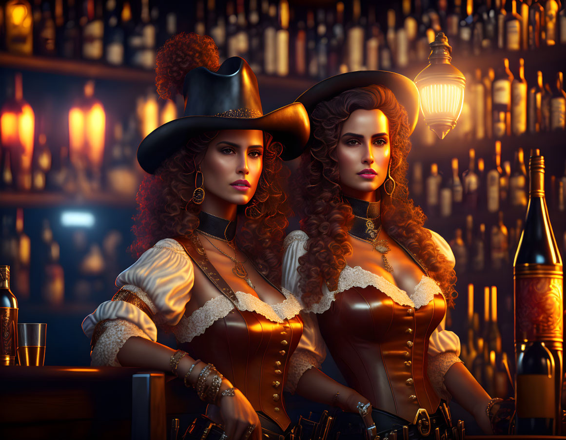 Two women in pirate costumes with tricorn hats at a bar with bottles.