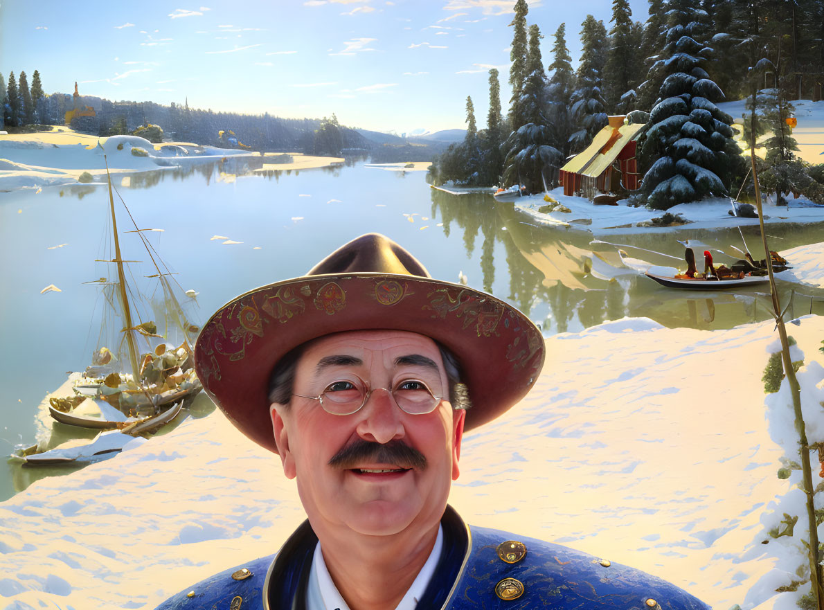 Man in decorated hat and blue coat on winter landscape with snow-covered trees and lake boats