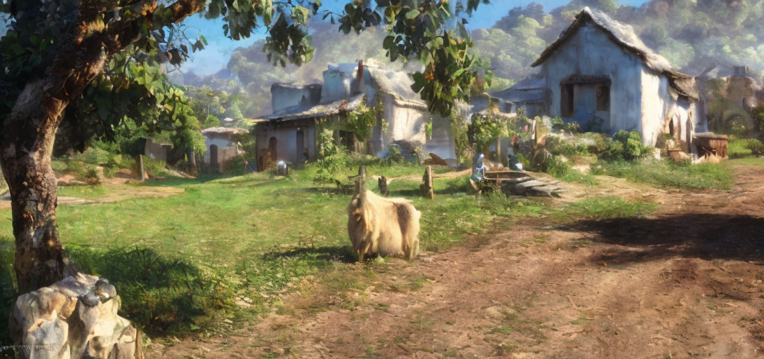 Traditional village scene with houses, greenery, and a goat in peaceful setting.