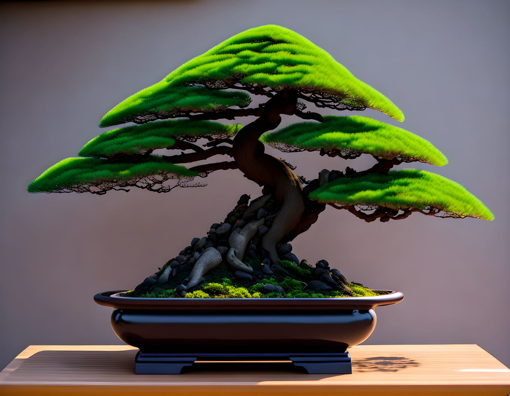 Meticulously trimmed bonsai tree with lush green canopies in shallow pot