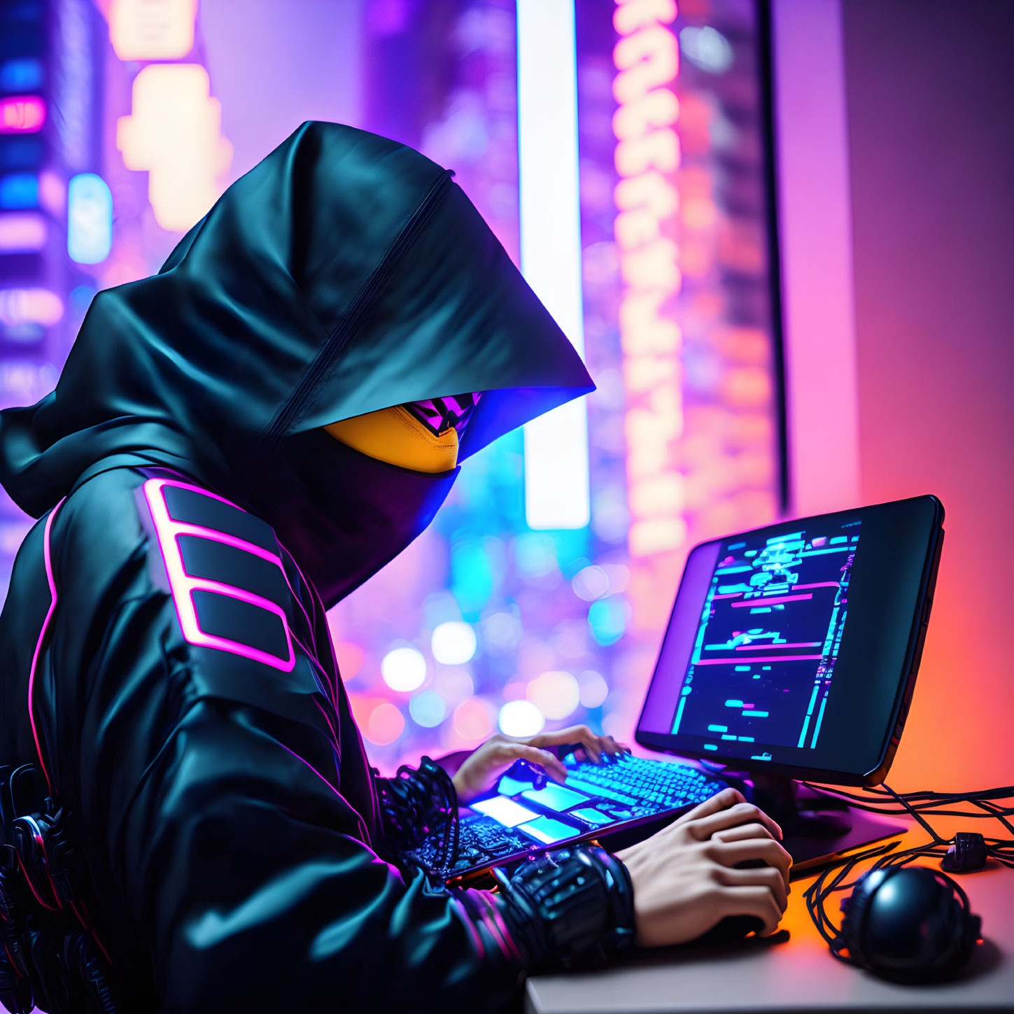 Futuristic person in hoodie and mask using computer in neon cityscape.